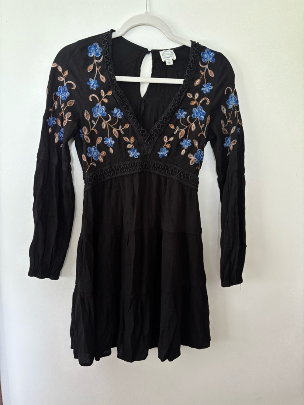 Blue Rain Black Dress with Blue and Tan Embroidery